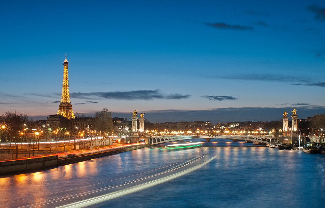 The Eiffel Tower and Pont Alexandre III at night, Paris