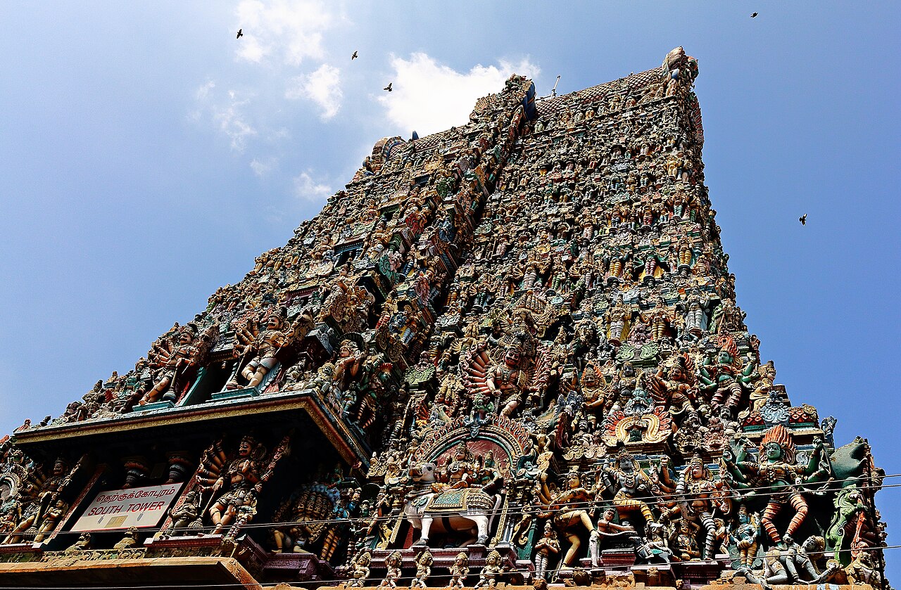 The sculpture-covered gopuram of the Meenakshi Amman Temple, Madurai